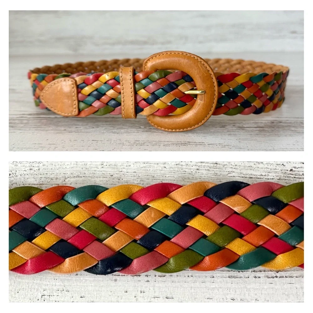 VINTAGE 90s Y2K Leather Multicolored Braided Rainbow Belt Small